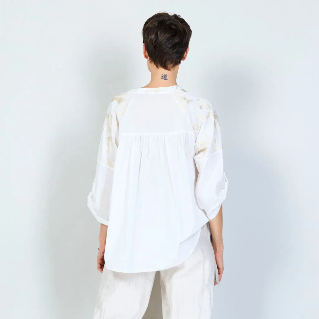 100% Cotton long white shirt with lurex leaf wholesale