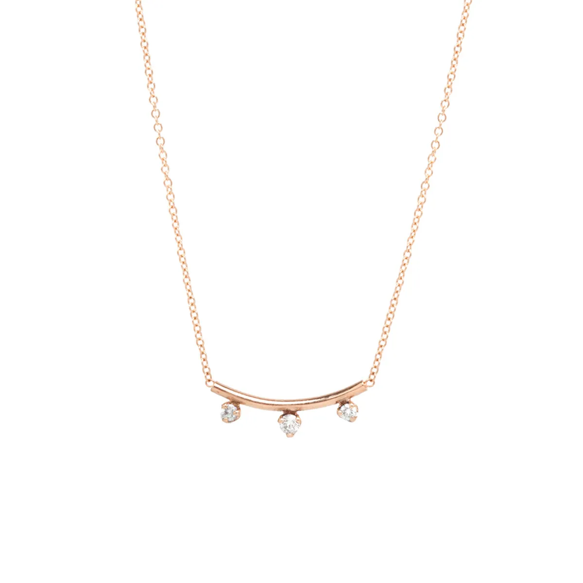 14k Short Curved Bar Necklace with 3 Prong Diamonds