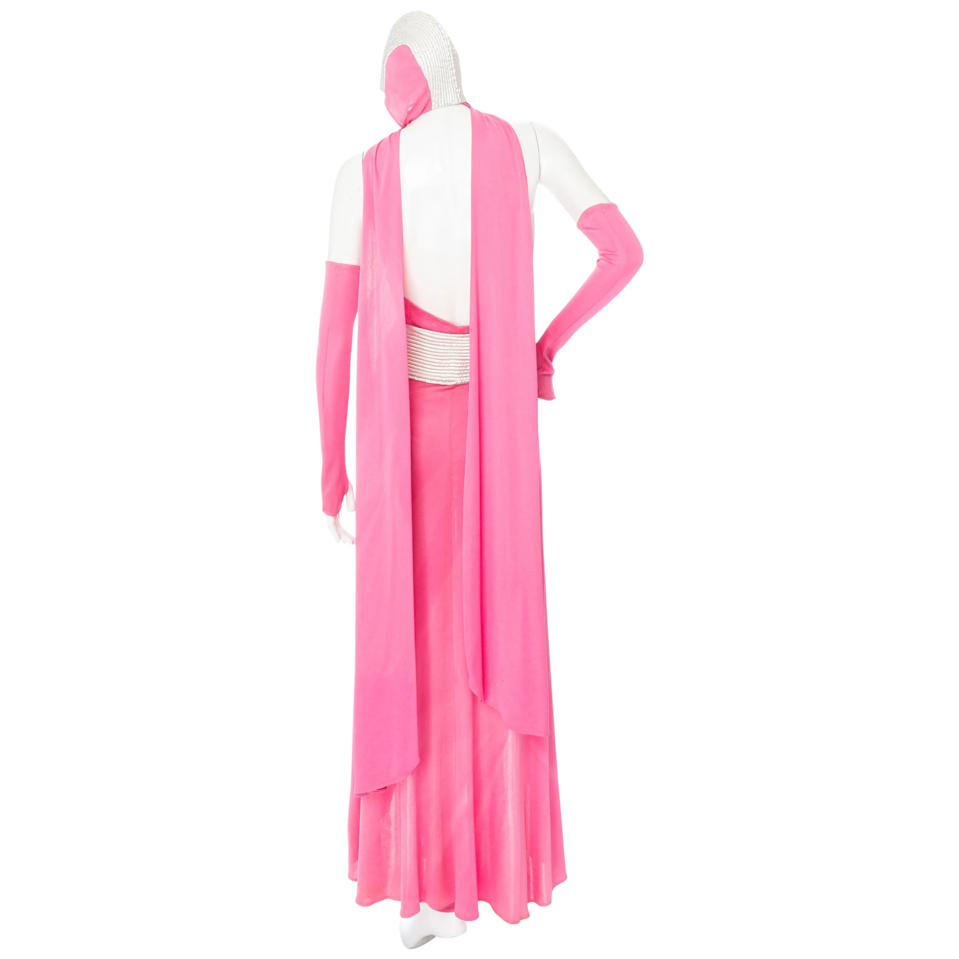 1979 Pink and Silver Futuristic Unitard Cape Ensemble