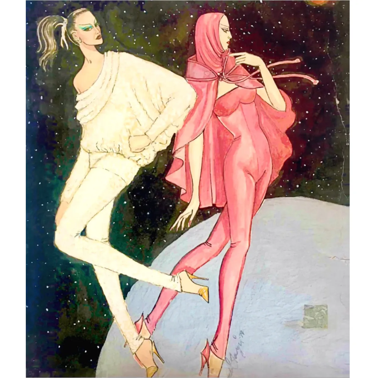 1979 Pink and Silver Futuristic Unitard Cape Ensemble