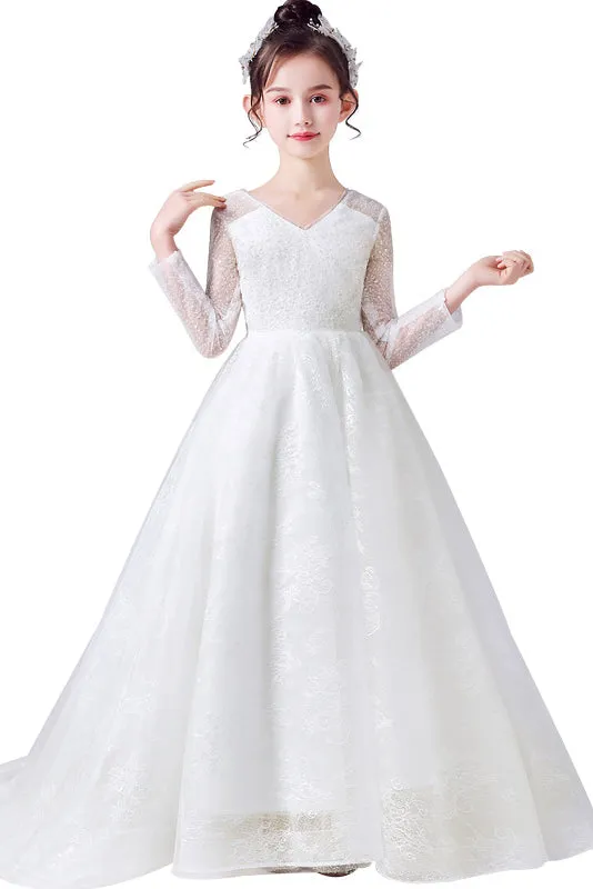 A Line Elegant Long Sleeve Lace Flower Girl Dress With Bownet