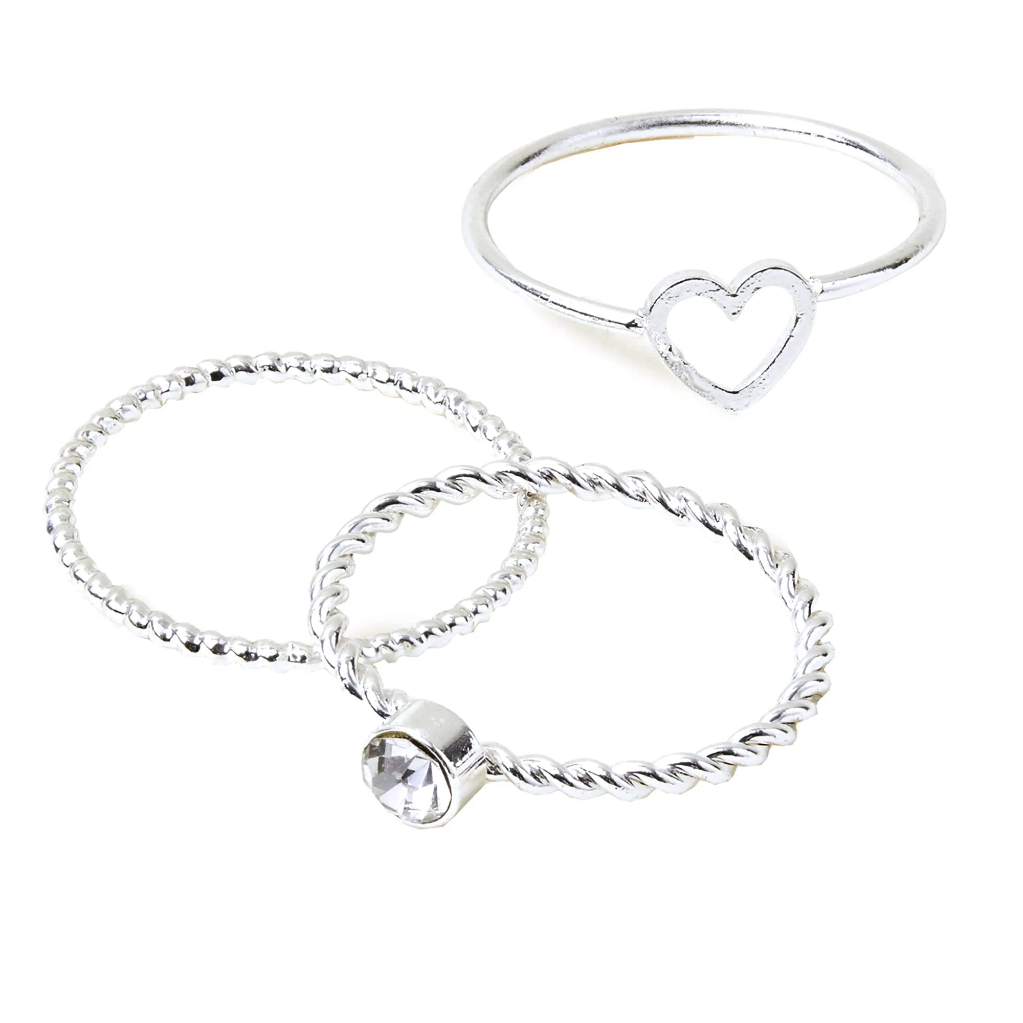 Accessorize London Women's Heart Gem Rings Silver Pack Of Three-Large