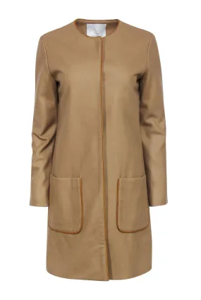 Adam Lippes - Beige Wool Blend Snap-Up Longline Coat w/ Leather Trim Sz XS