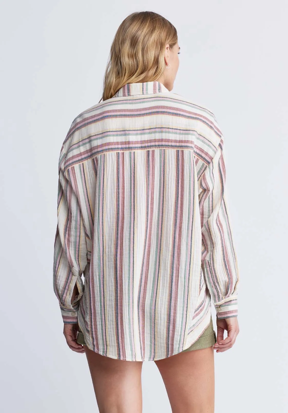 Aija Women’s Long Sleeve Striped Blouse in Beige & Pink - WT0080P