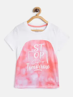 Alcis Girls Pink White Printed Round Neck Running T-shirt