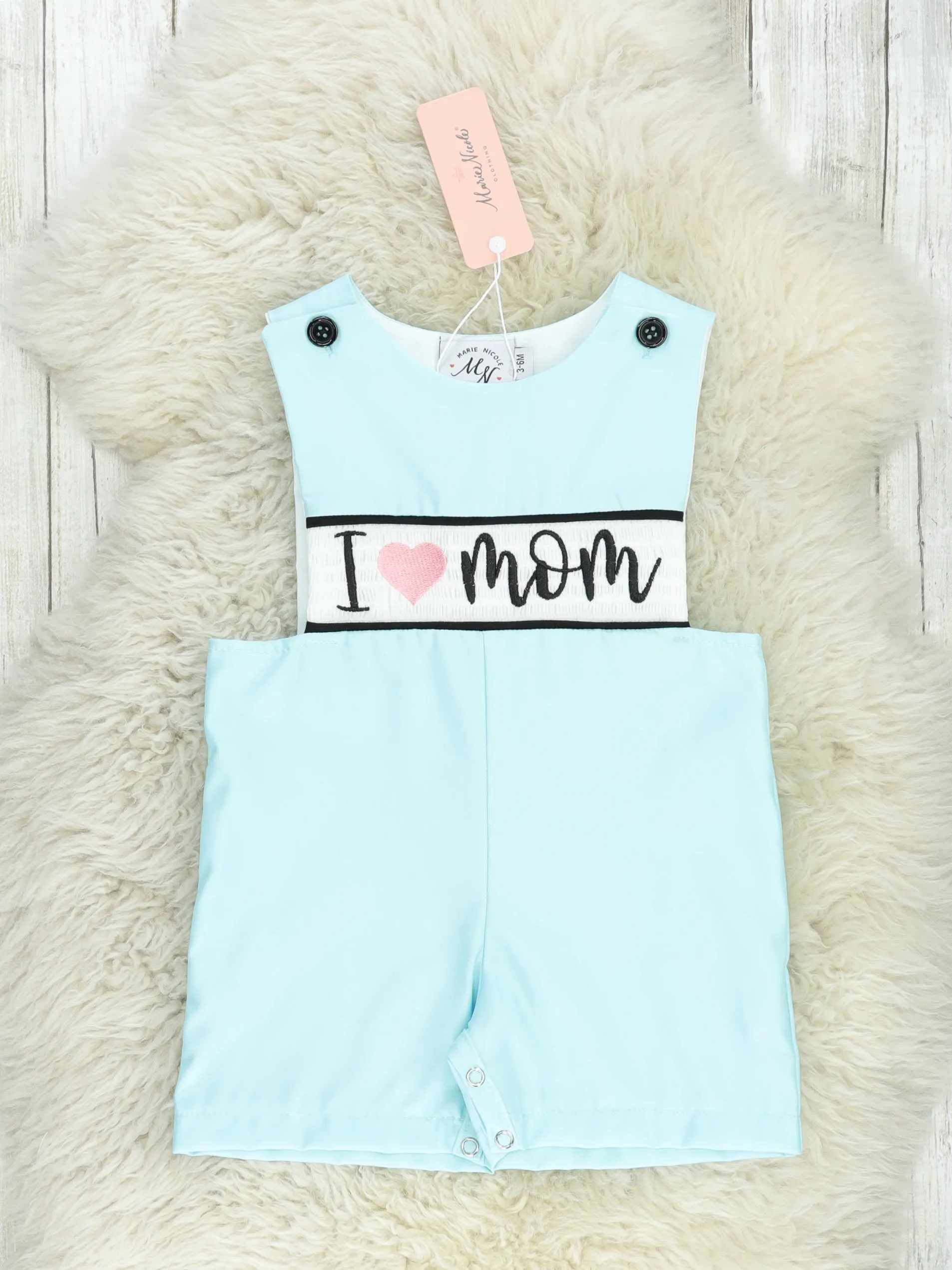 Aqua "I Love Mom" Smocked Johnny