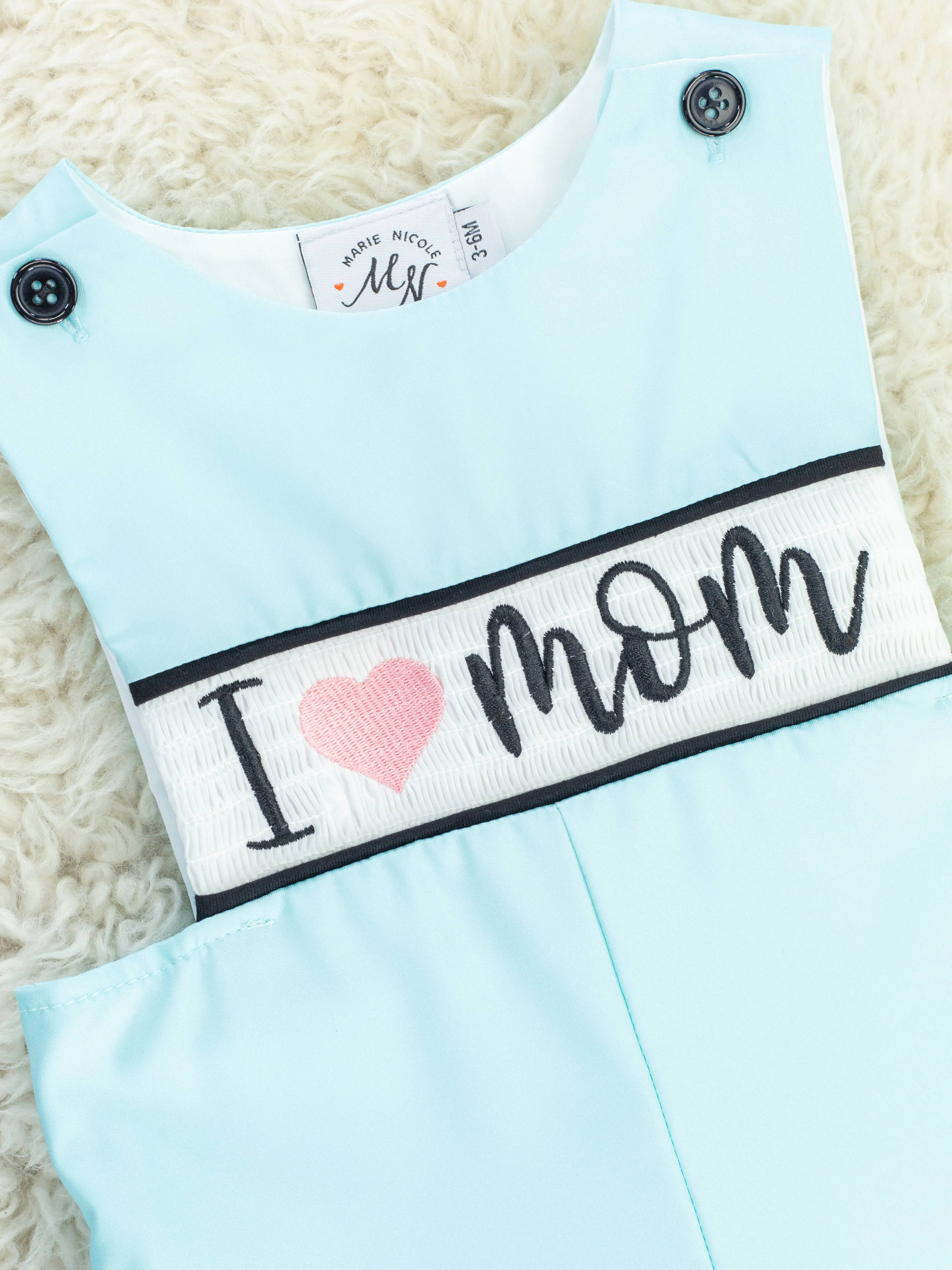 Aqua "I Love Mom" Smocked Johnny