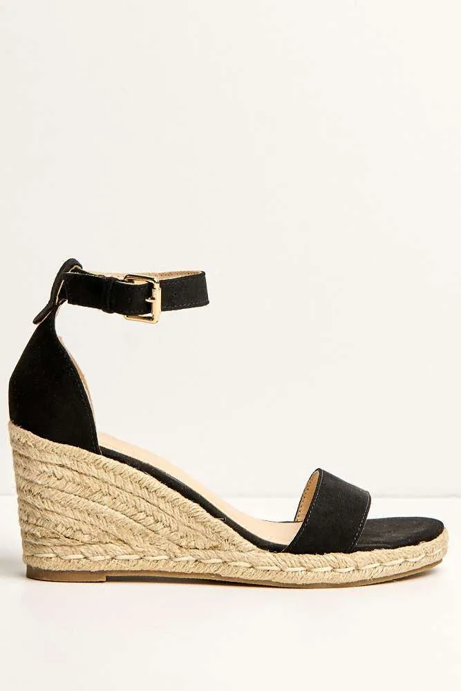 Aria Anklestrap Open Toe Wedges in Black