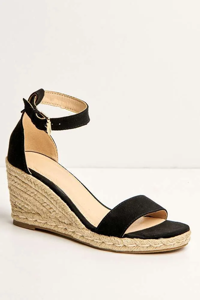 Aria Anklestrap Open Toe Wedges in Black