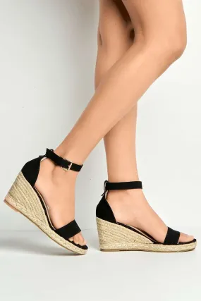 Aria Anklestrap Open Toe Wedges in Black