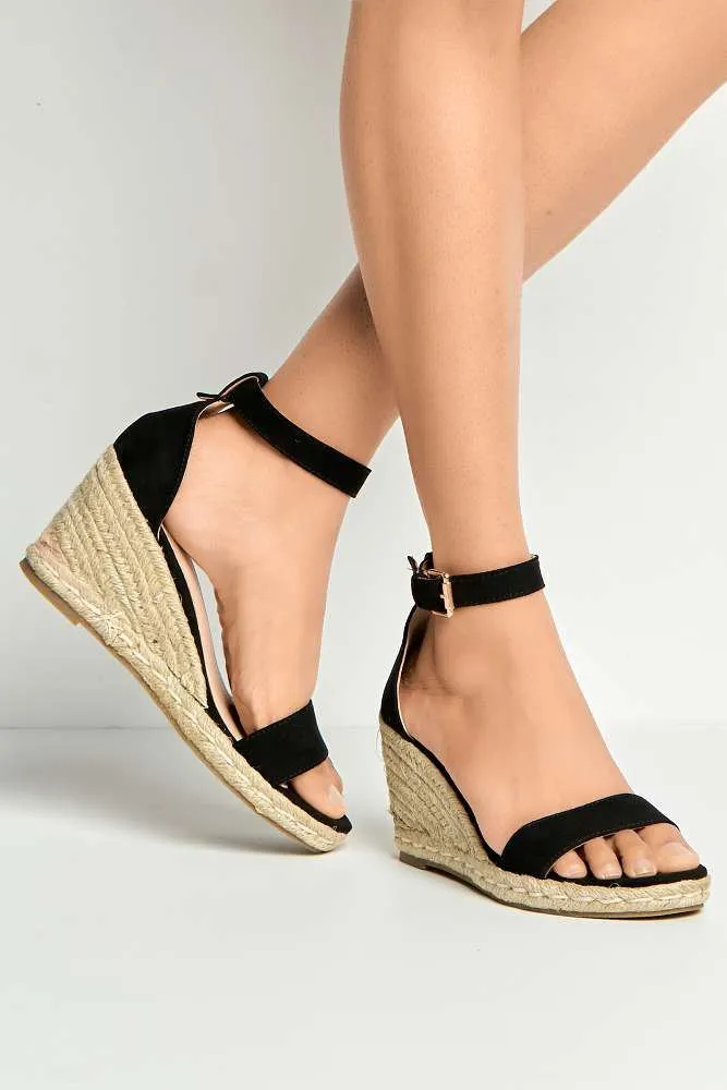 Aria Anklestrap Open Toe Wedges in Black