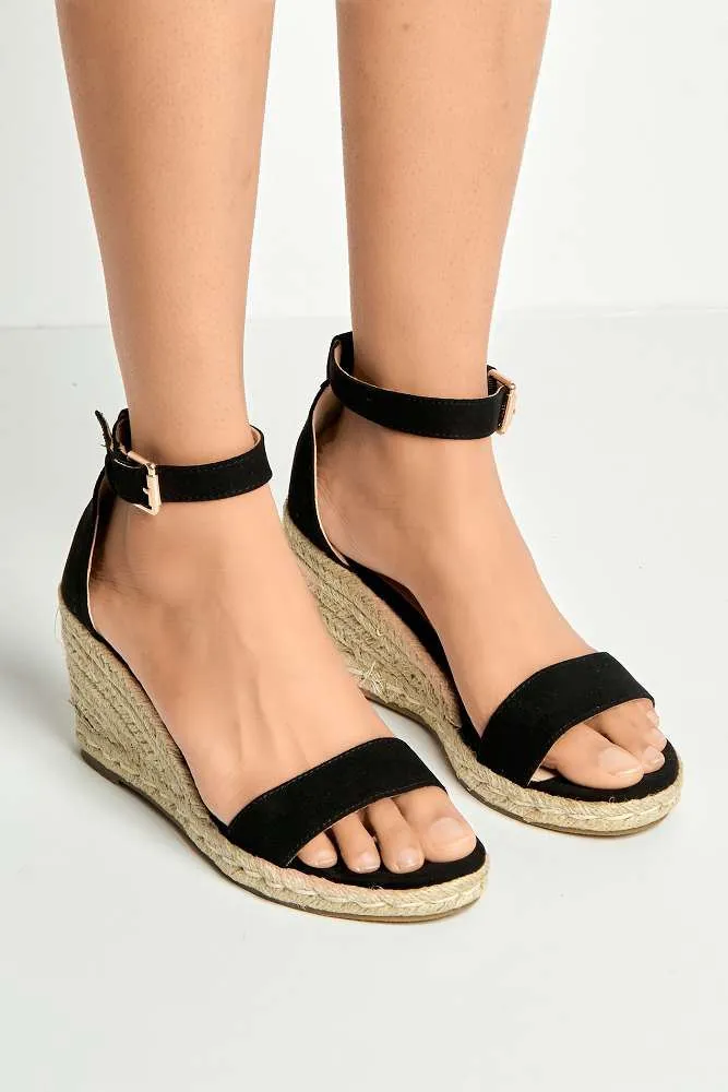 Aria Anklestrap Open Toe Wedges in Black