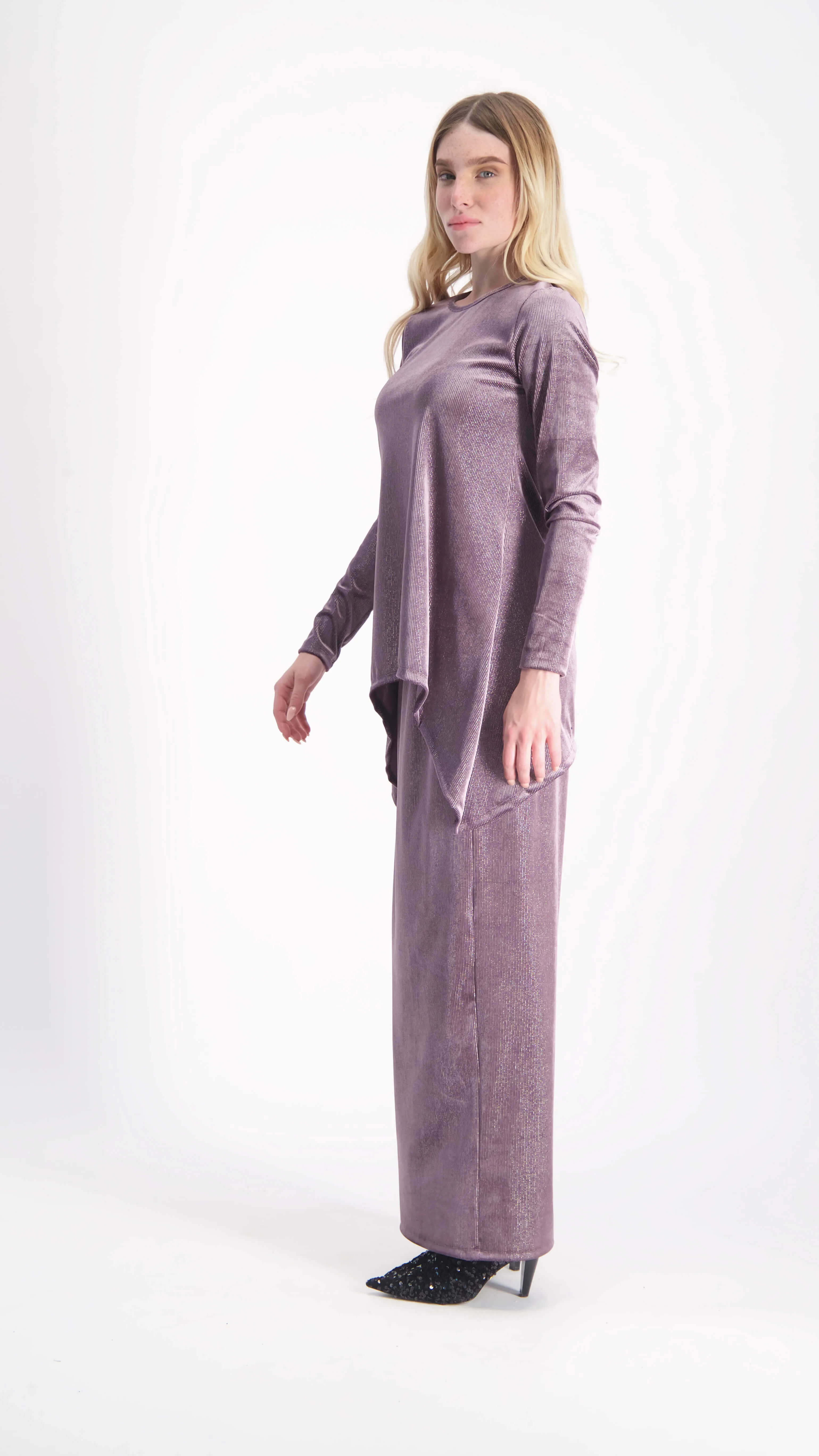 Asymmetric Ribbed Velvet Set / Pudra & Silver Line