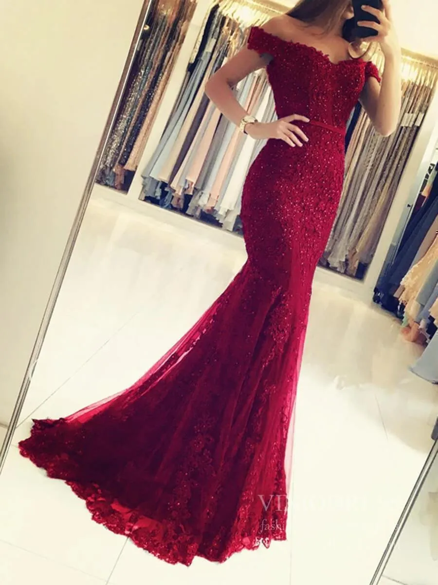 Beaded Lace Mermaid Long Prom Dresses Off the Shoulder Formal Dress FD1698