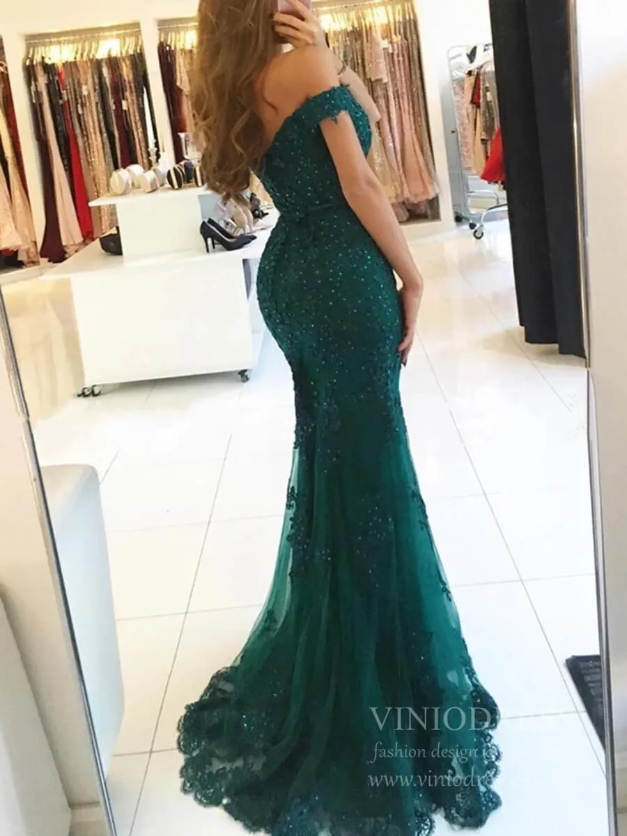 Beaded Lace Mermaid Long Prom Dresses Off the Shoulder Formal Dress FD1698