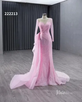 Beaded Long Sleeve Pink Pageant Gown Overskirt Mermaid Wedding Dresses 222213