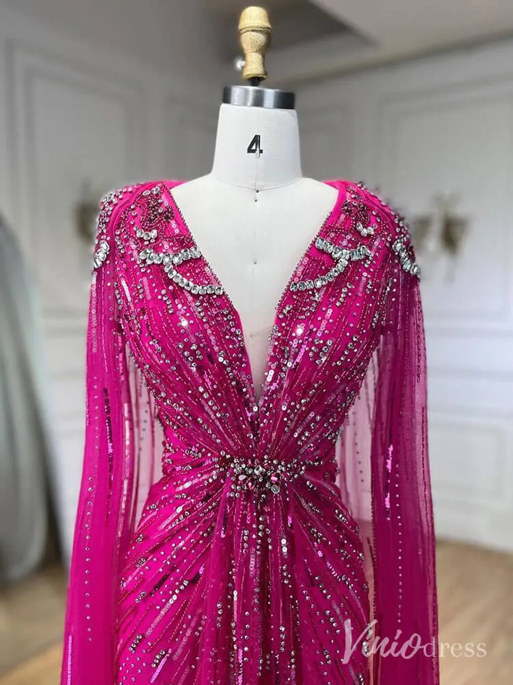 Beaded Sequin Cape Sleeve Prom Dresses V-Neck Pageant Dress AD1258