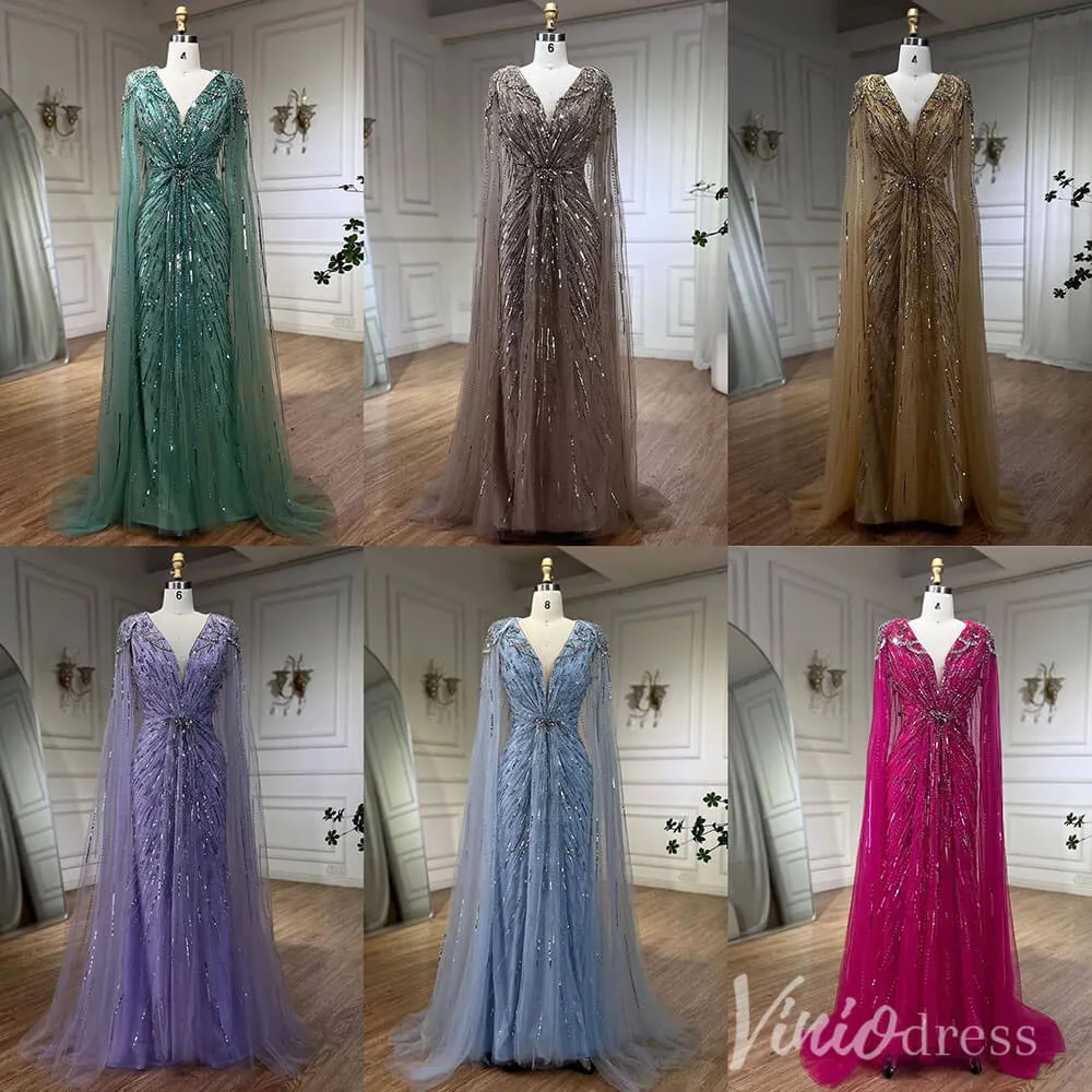 Beaded Sequin Cape Sleeve Prom Dresses V-Neck Pageant Dress AD1258