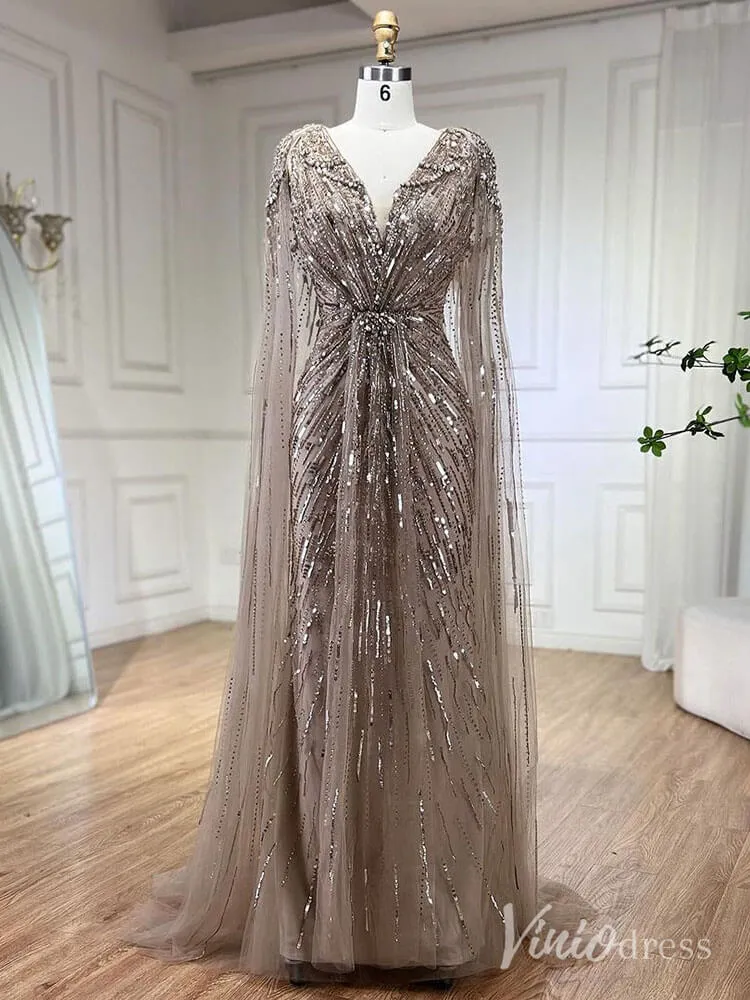 Beaded Sequin Cape Sleeve Prom Dresses V-Neck Pageant Dress AD1258