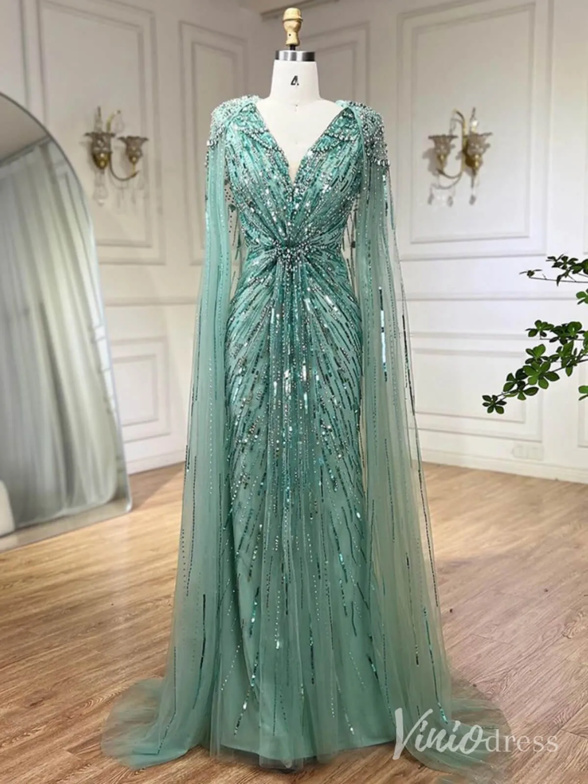 Beaded Sequin Cape Sleeve Prom Dresses V-Neck Pageant Dress AD1258