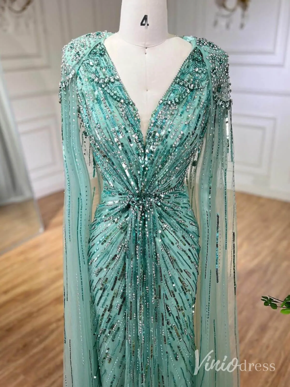 Beaded Sequin Cape Sleeve Prom Dresses V-Neck Pageant Dress AD1258