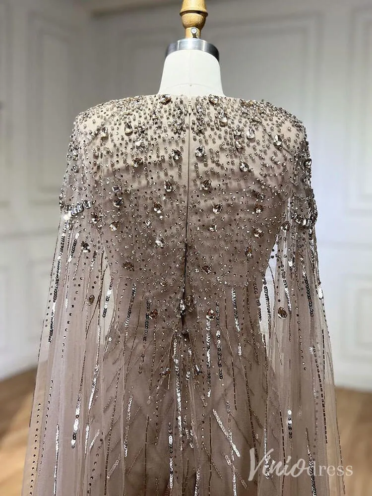 Beaded Sequin Cape Sleeve Prom Dresses V-Neck Pageant Dress AD1258