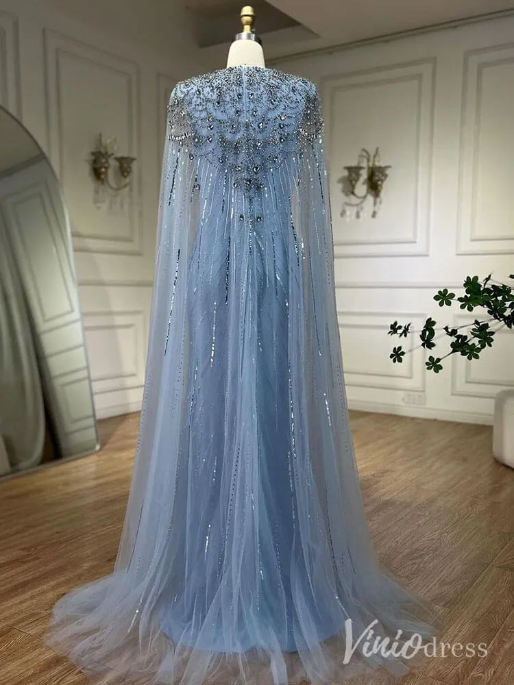 Beaded Sequin Cape Sleeve Prom Dresses V-Neck Pageant Dress AD1258