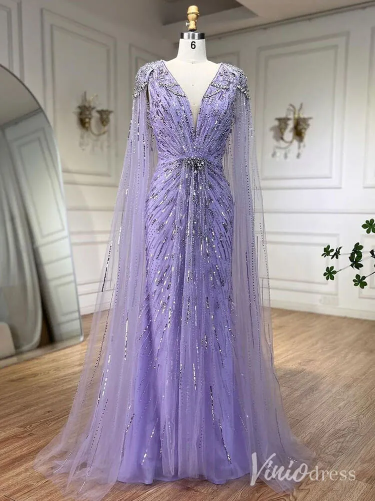 Beaded Sequin Cape Sleeve Prom Dresses V-Neck Pageant Dress AD1258