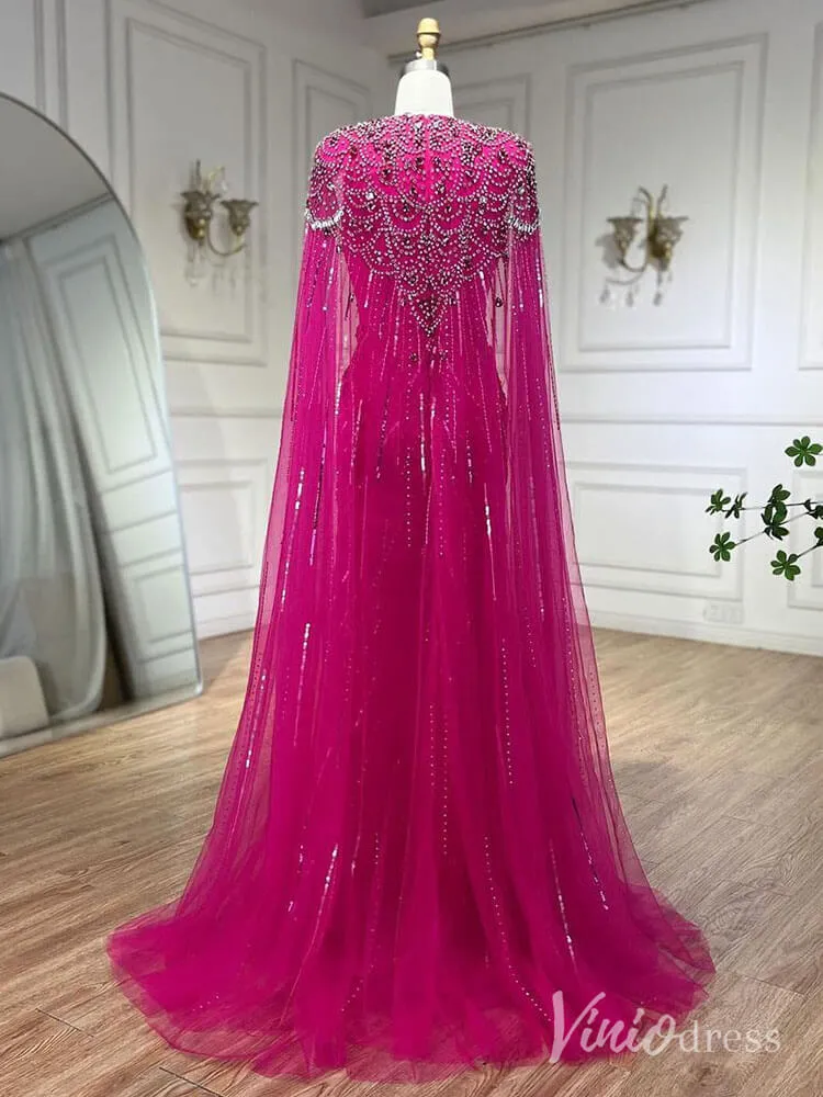 Beaded Sequin Cape Sleeve Prom Dresses V-Neck Pageant Dress AD1258