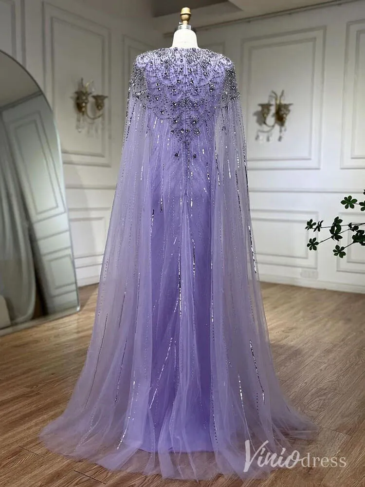 Beaded Sequin Cape Sleeve Prom Dresses V-Neck Pageant Dress AD1258