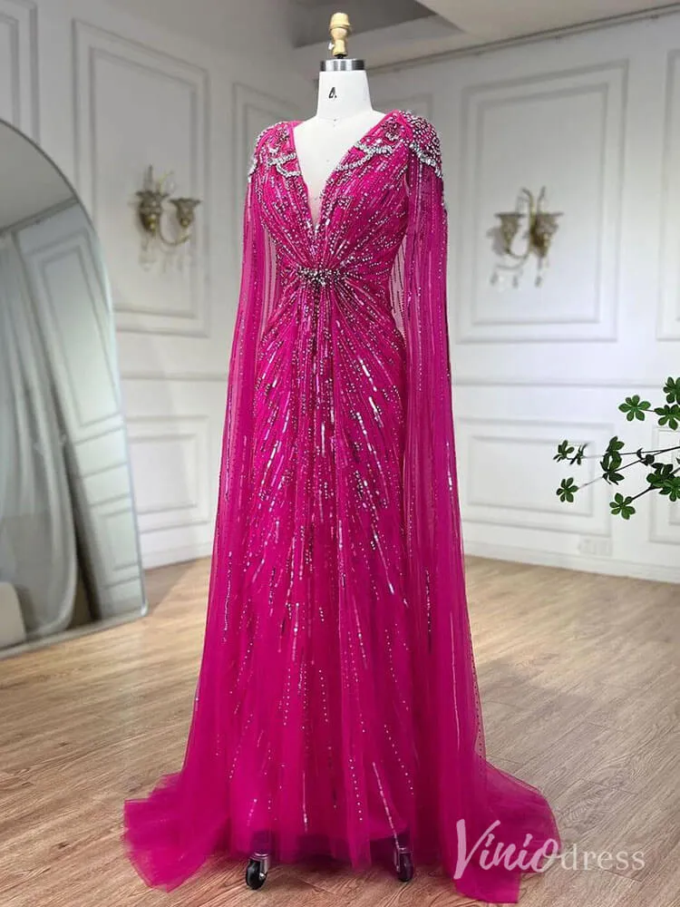 Beaded Sequin Cape Sleeve Prom Dresses V-Neck Pageant Dress AD1258