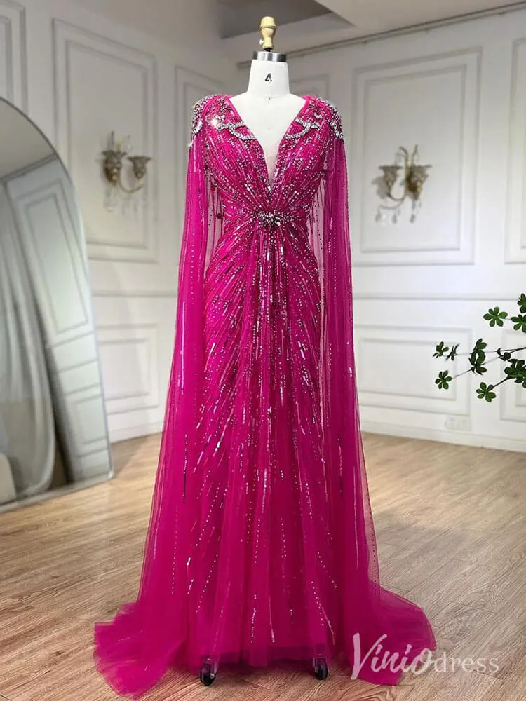 Beaded Sequin Cape Sleeve Prom Dresses V-Neck Pageant Dress AD1258