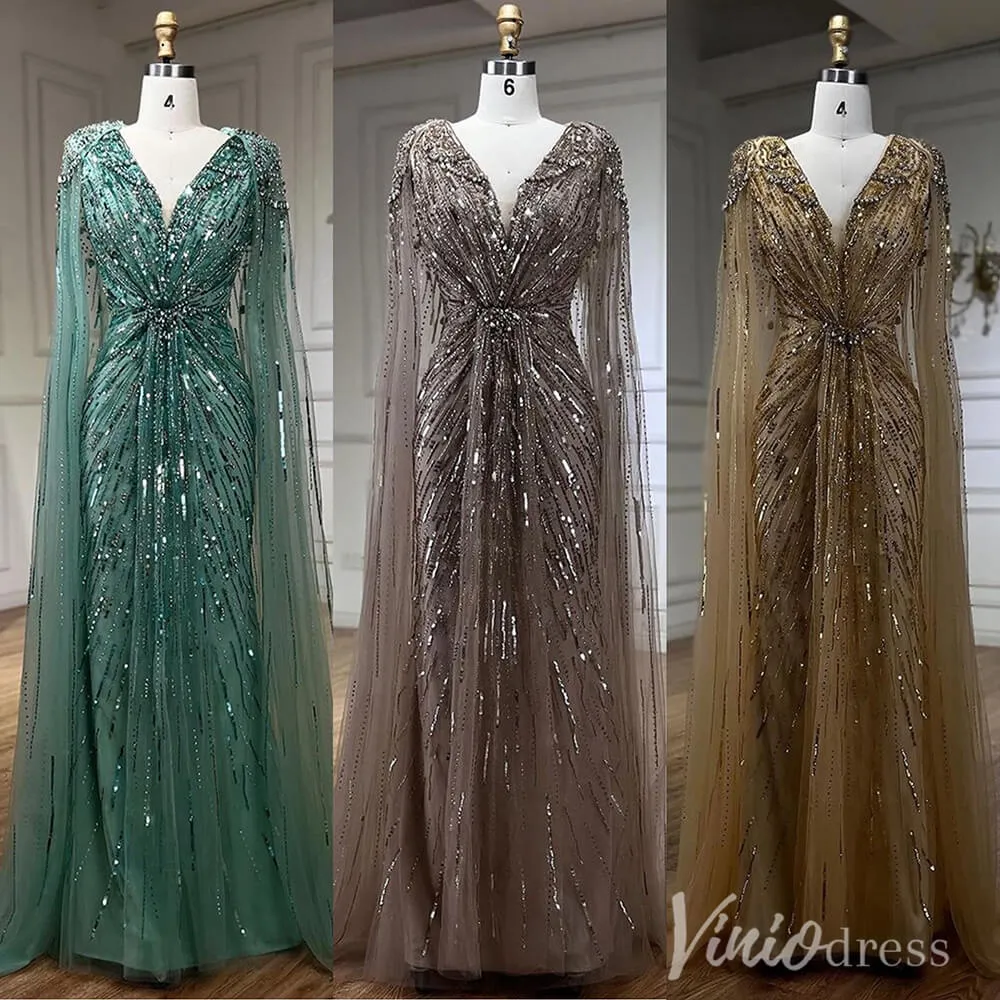 Beaded Sequin Cape Sleeve Prom Dresses V-Neck Pageant Dress AD1258