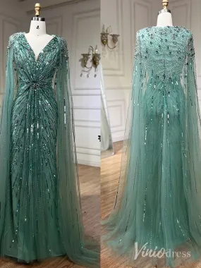 Beaded Sequin Cape Sleeve Prom Dresses V-Neck Pageant Dress AD1258