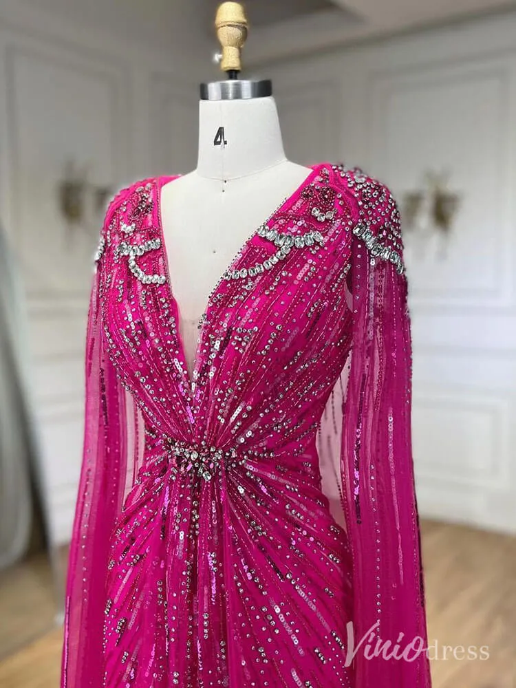 Beaded Sequin Cape Sleeve Prom Dresses V-Neck Pageant Dress AD1258