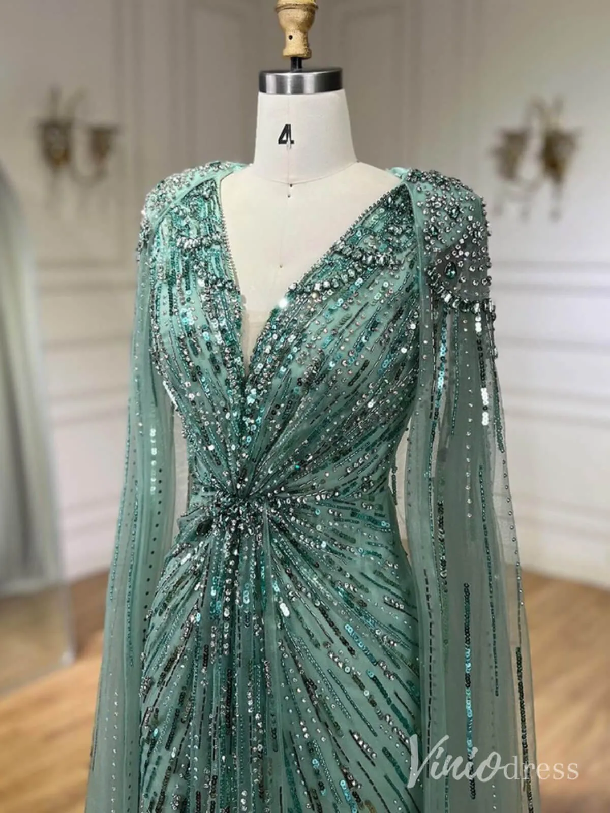 Beaded Sequin Cape Sleeve Prom Dresses V-Neck Pageant Dress AD1258