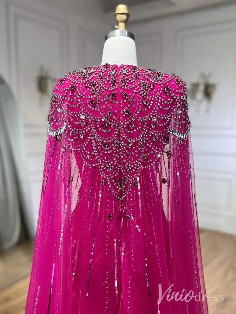 Beaded Sequin Cape Sleeve Prom Dresses V-Neck Pageant Dress AD1258