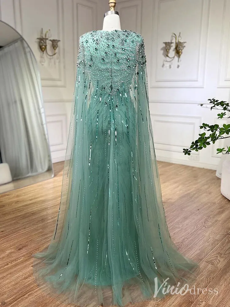 Beaded Sequin Cape Sleeve Prom Dresses V-Neck Pageant Dress AD1258