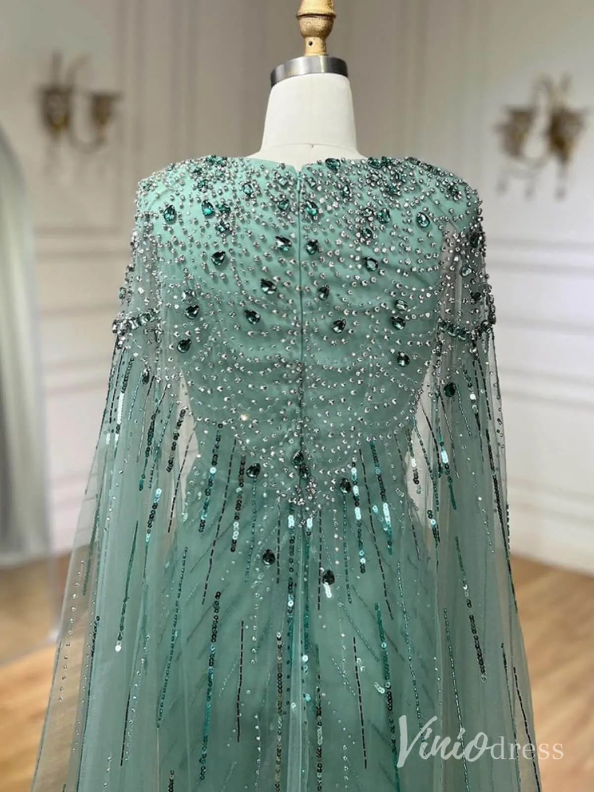 Beaded Sequin Cape Sleeve Prom Dresses V-Neck Pageant Dress AD1258