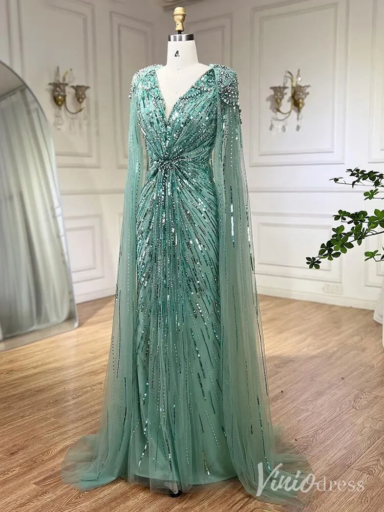 Beaded Sequin Cape Sleeve Prom Dresses V-Neck Pageant Dress AD1258