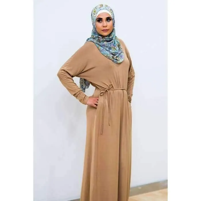 Beige Gold Batwing with Tie Waist Dress