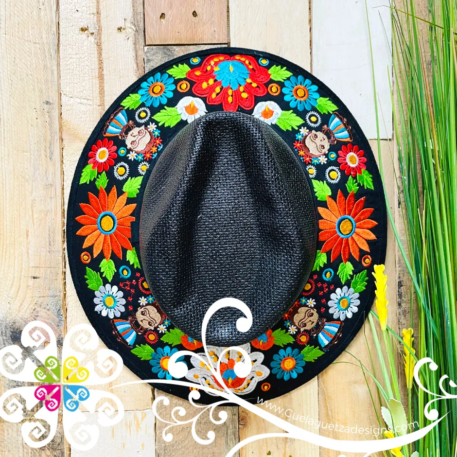 Black Embroider Summer Hat - Frida Bouquet