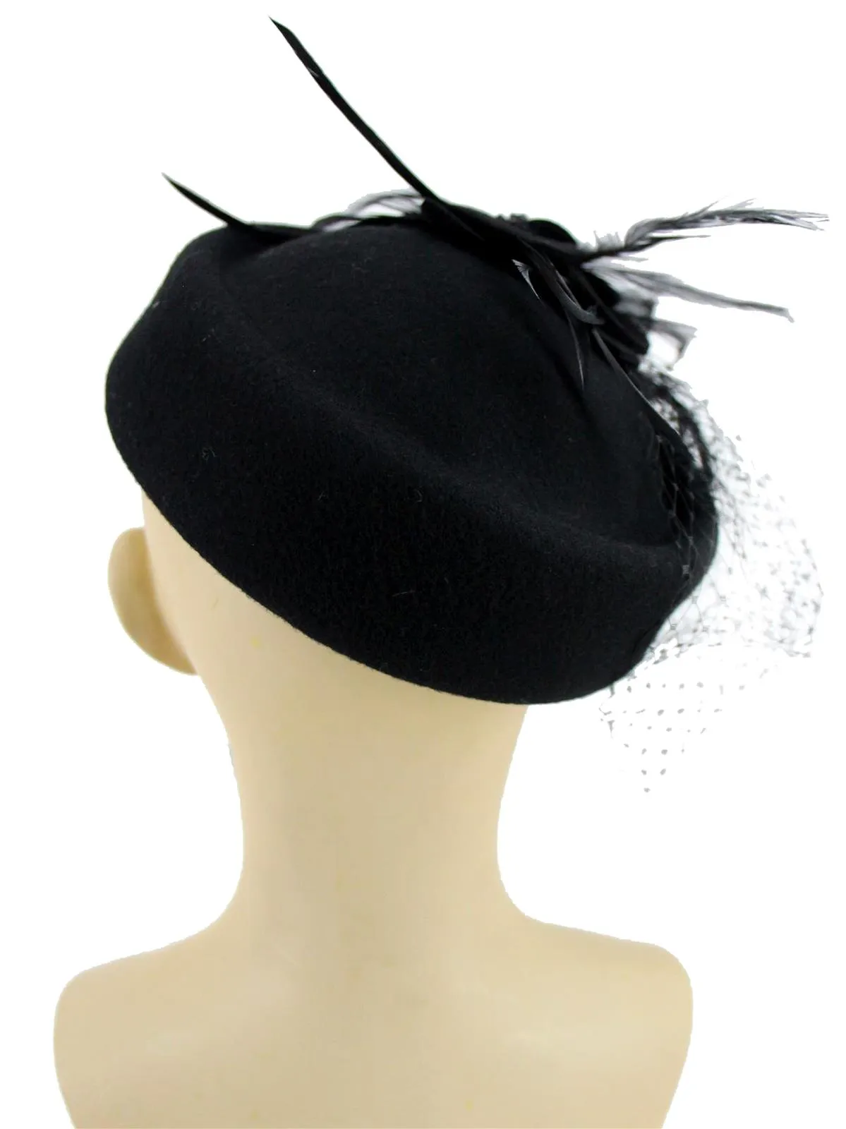 Black Vintage Style Feather Trim Pillbox Hat