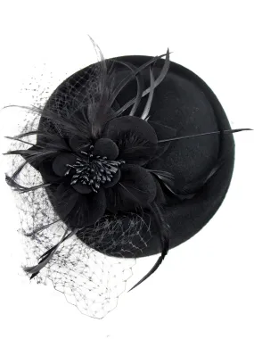 Black Vintage Style Feather Trim Pillbox Hat