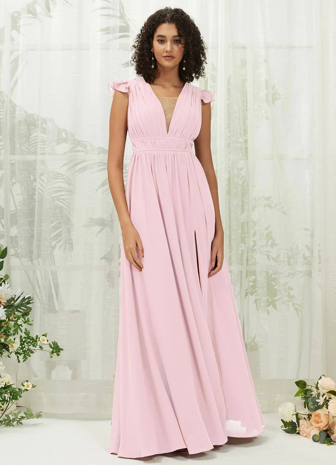 Blush Cap Sleeves Pleated V-Neck Chiffon Maxi Bridesmaid Dress