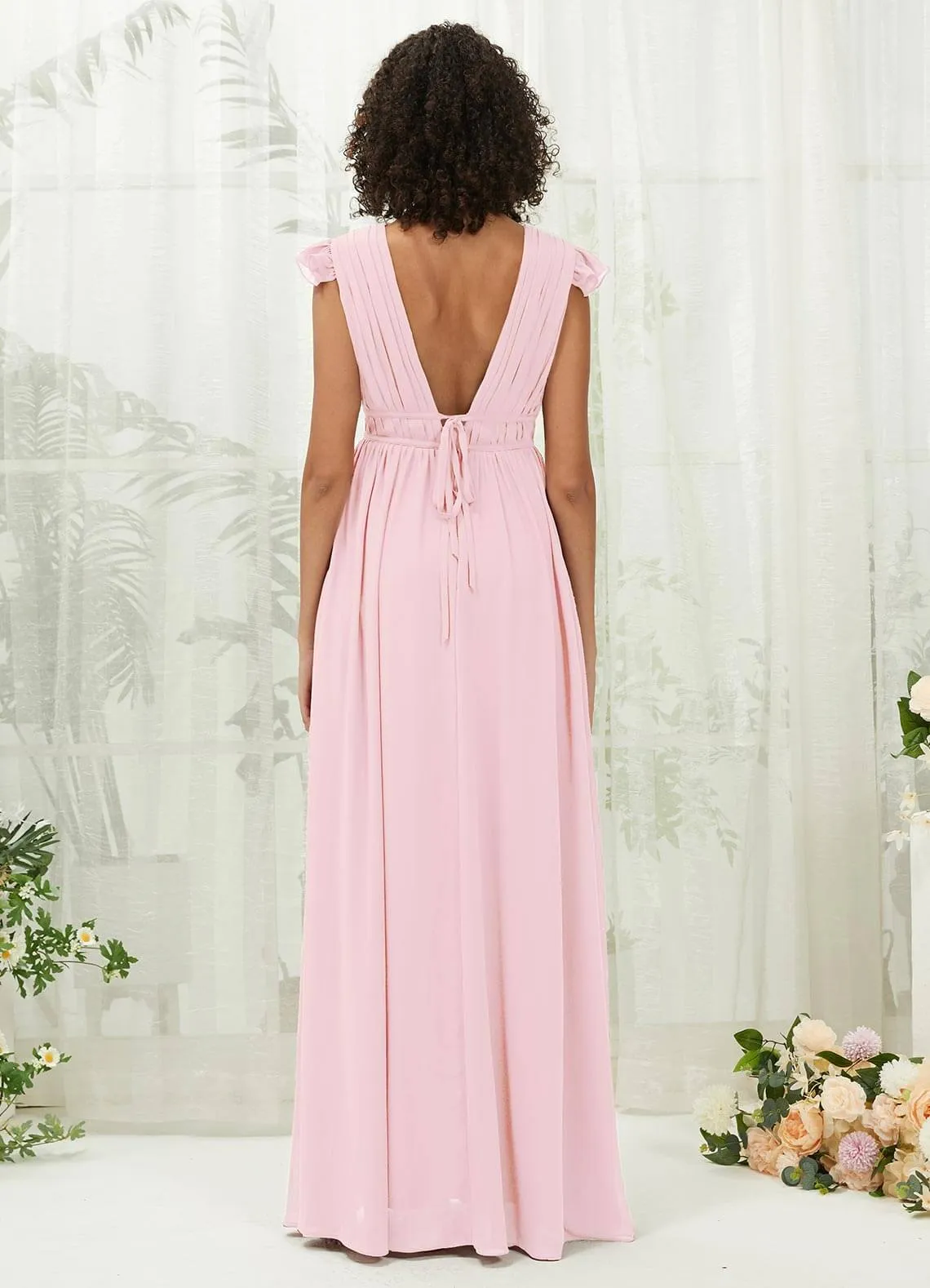 Blush Cap Sleeves Pleated V-Neck Chiffon Maxi Bridesmaid Dress