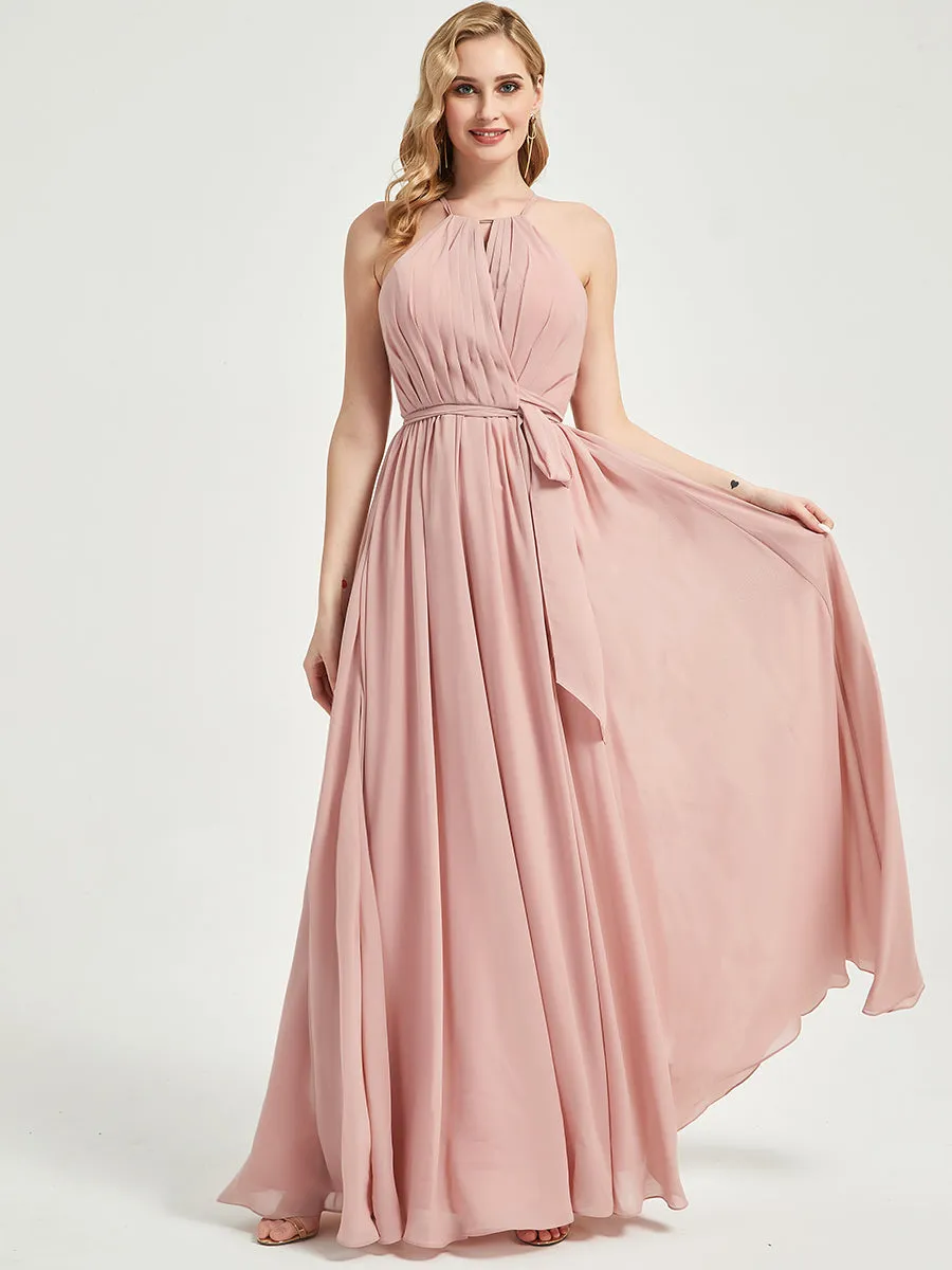 Blush Halter Neck Slit Wrap Chiffon Bridesmaid Dress Floor Length