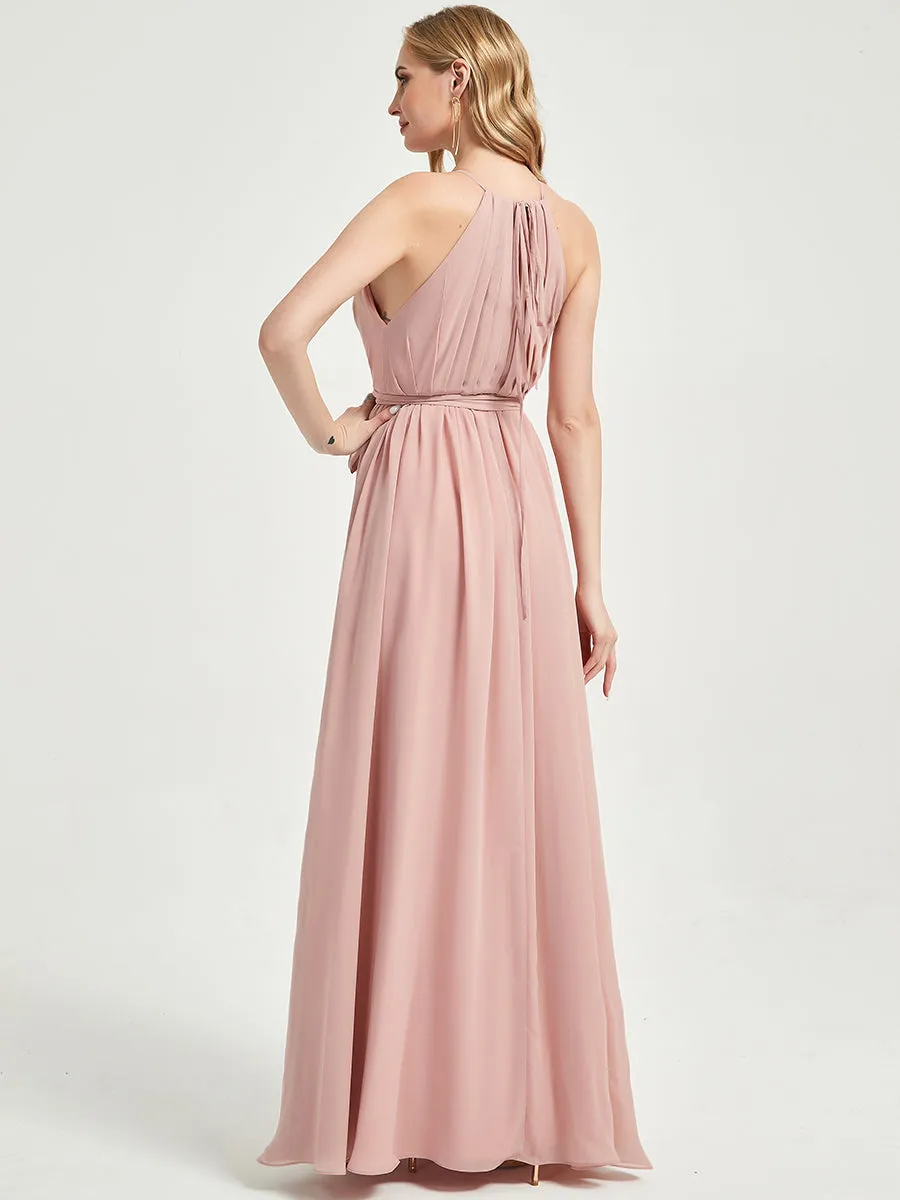 Blush Halter Neck Slit Wrap Chiffon Bridesmaid Dress Floor Length