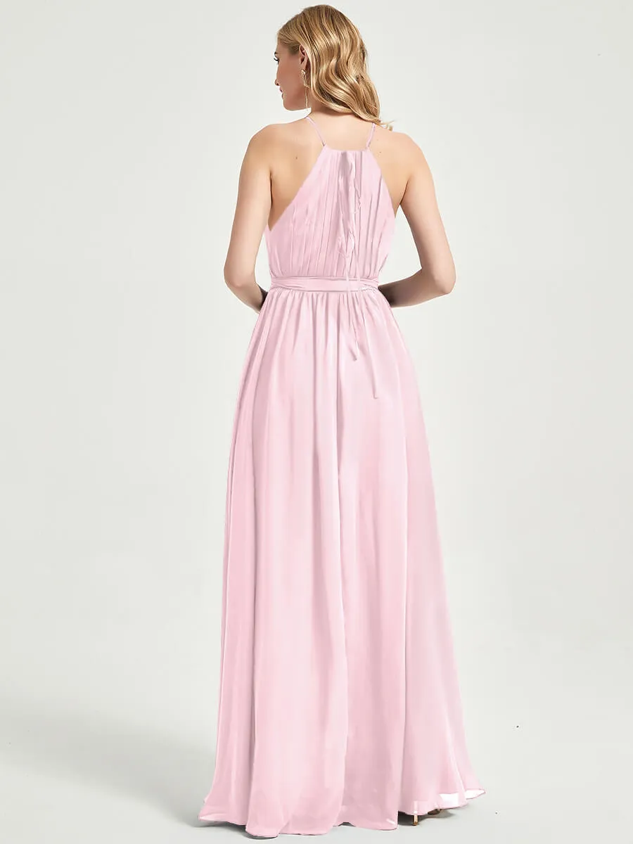 Blush Halter Neck Slit Wrap Chiffon Bridesmaid Dress Floor Length