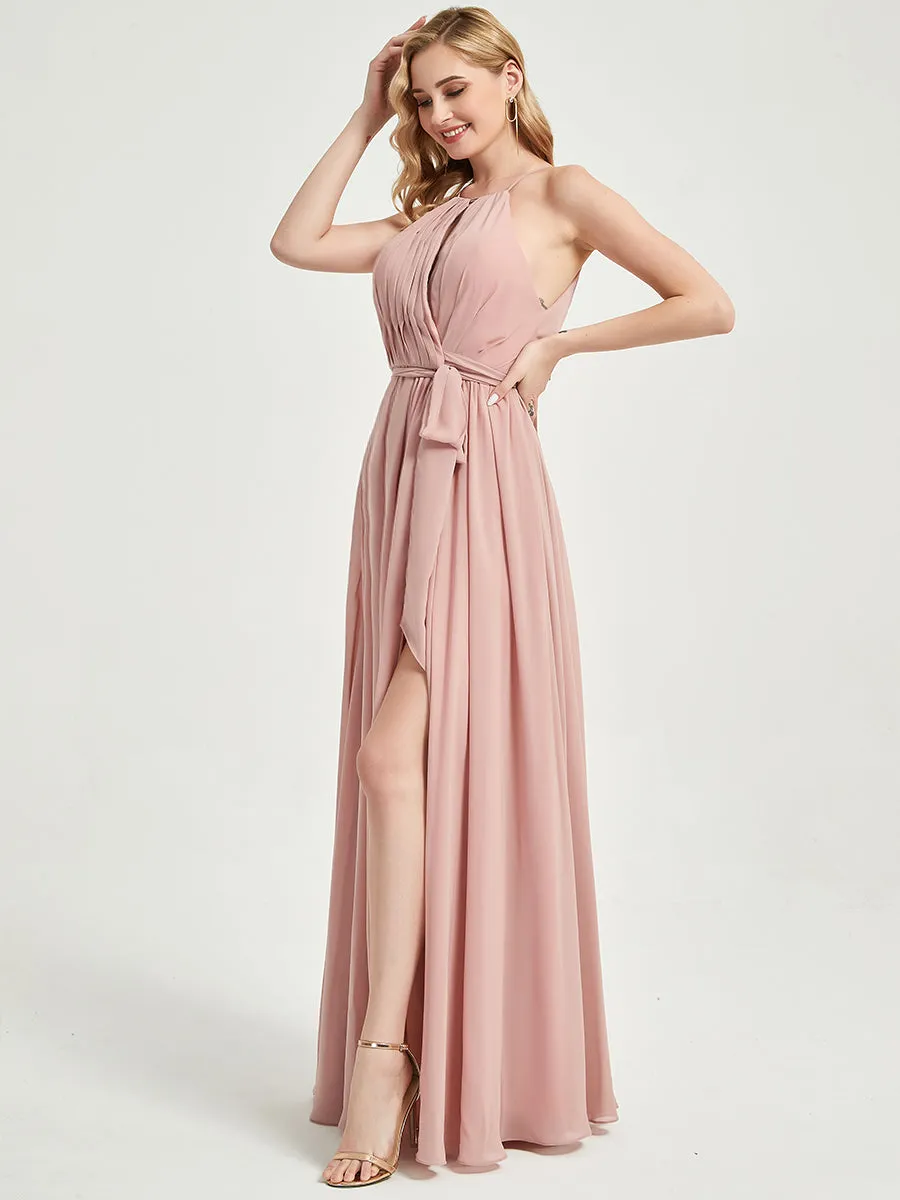 Blush Halter Neck Slit Wrap Chiffon Bridesmaid Dress Floor Length